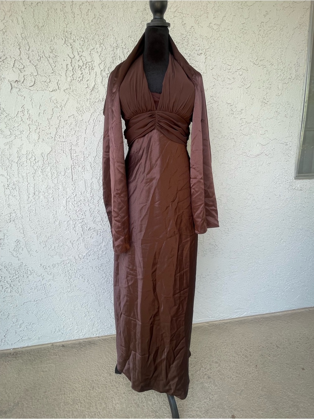 Aspeed Chocolate Brown Halter Maxi Dress with Shawl